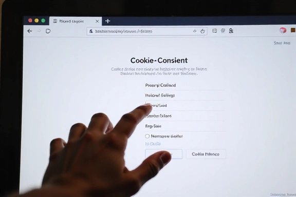 A hand clicking a cookie consent button